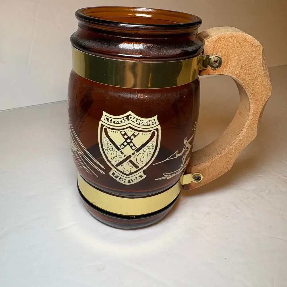 Vintage Cypress Gardens Florida Souvenir Brown Glass Barrel Mug Wood Handle